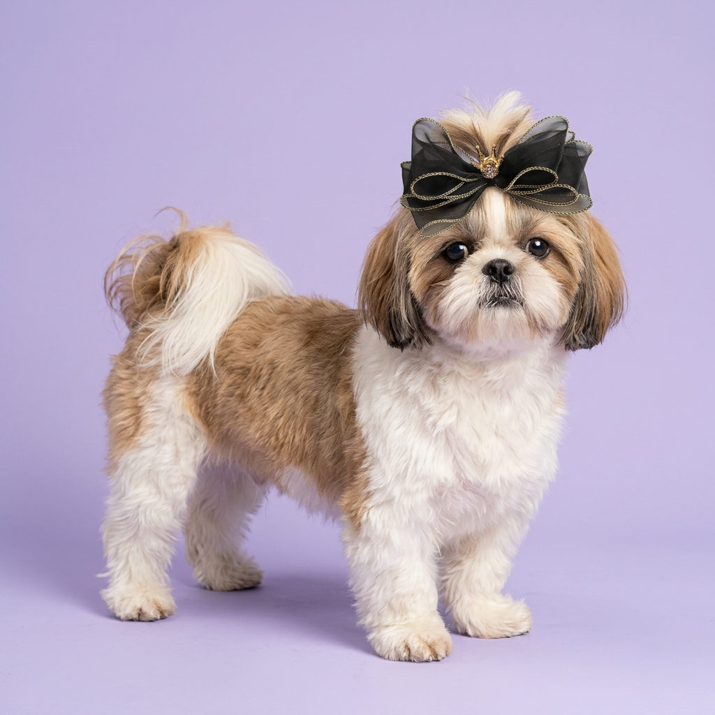 Shih Tzu wearing the black-and-gold crown bow