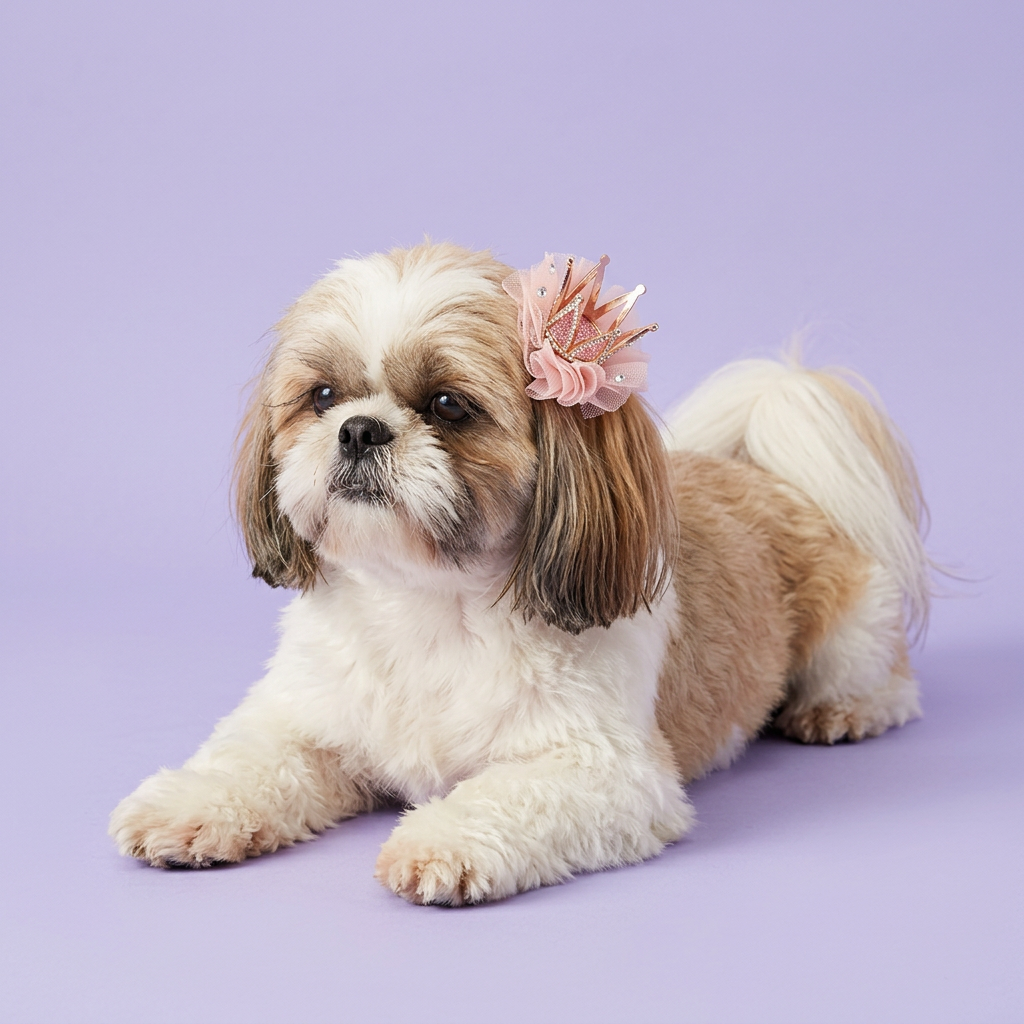Shih Tzu wearing the pink crown hair clip