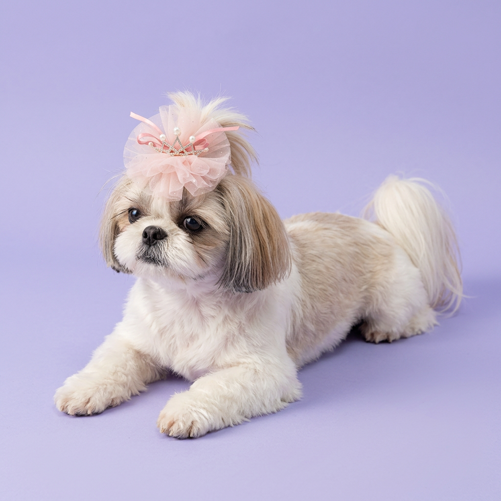 Shih Tzu wearing the pink tulle crown clip