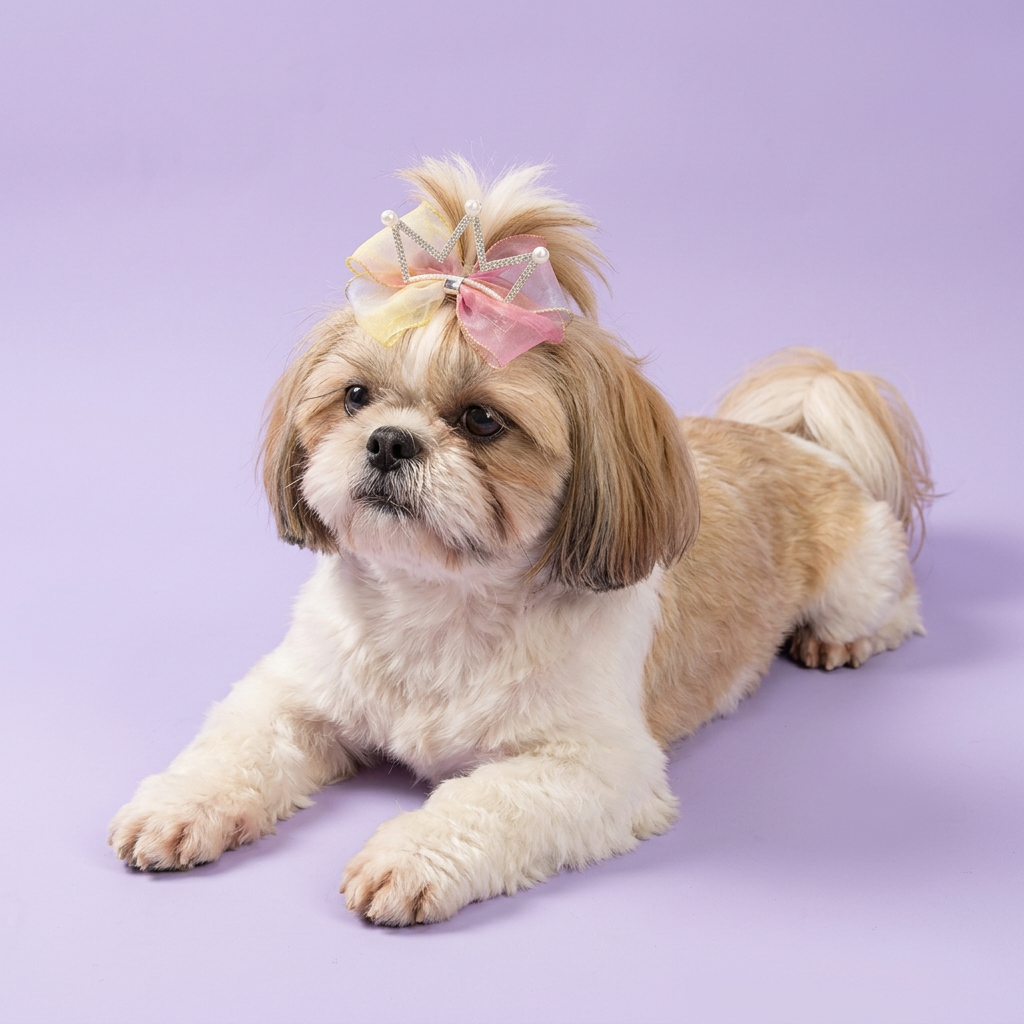 Shih Tzu wearing the yellow-and-pink crown bow