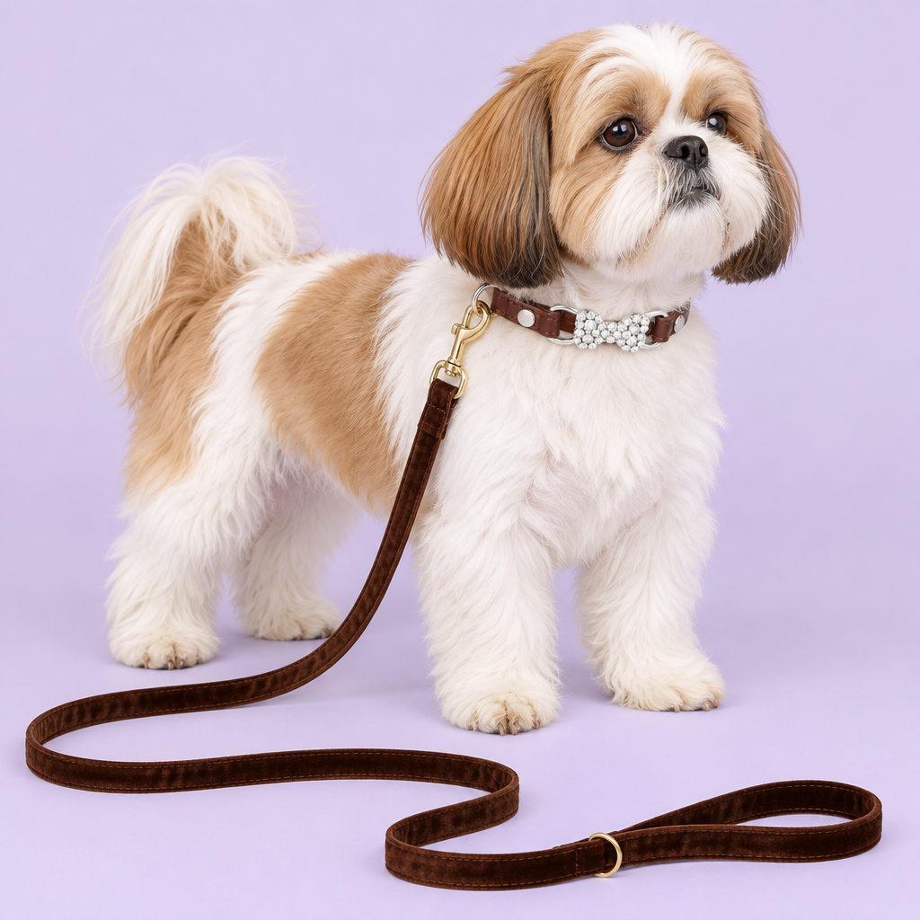 Shih Tzu with brown crystal bow collar and brown velvet leash