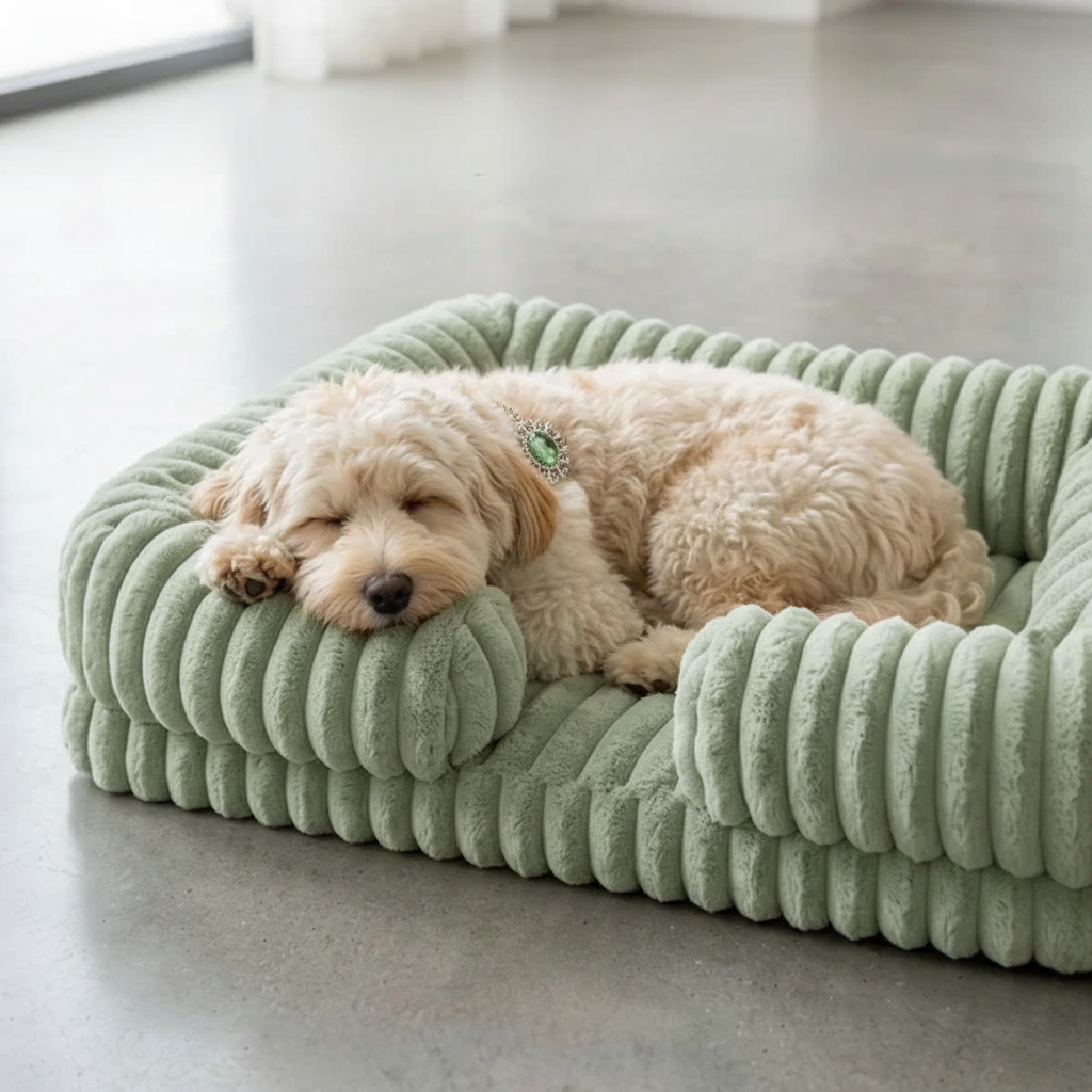 Fluffy cream dog sleeping curled up on a sage green chunky corduroy pet bed, wearing a peridot green gemstone collar brooch, on a smooth concrete floor.