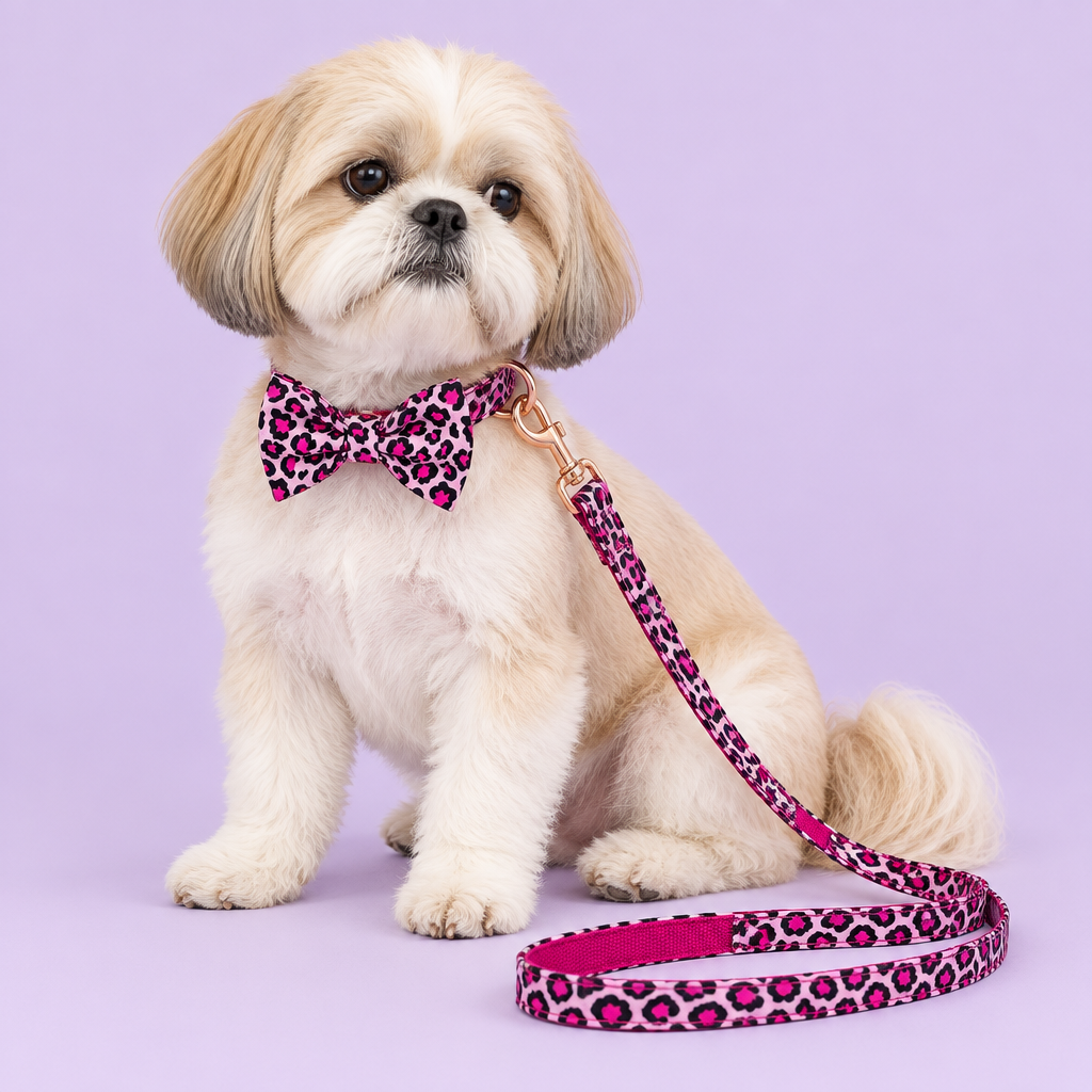 Shih Tzu with pink leopard bow collar and matching leash