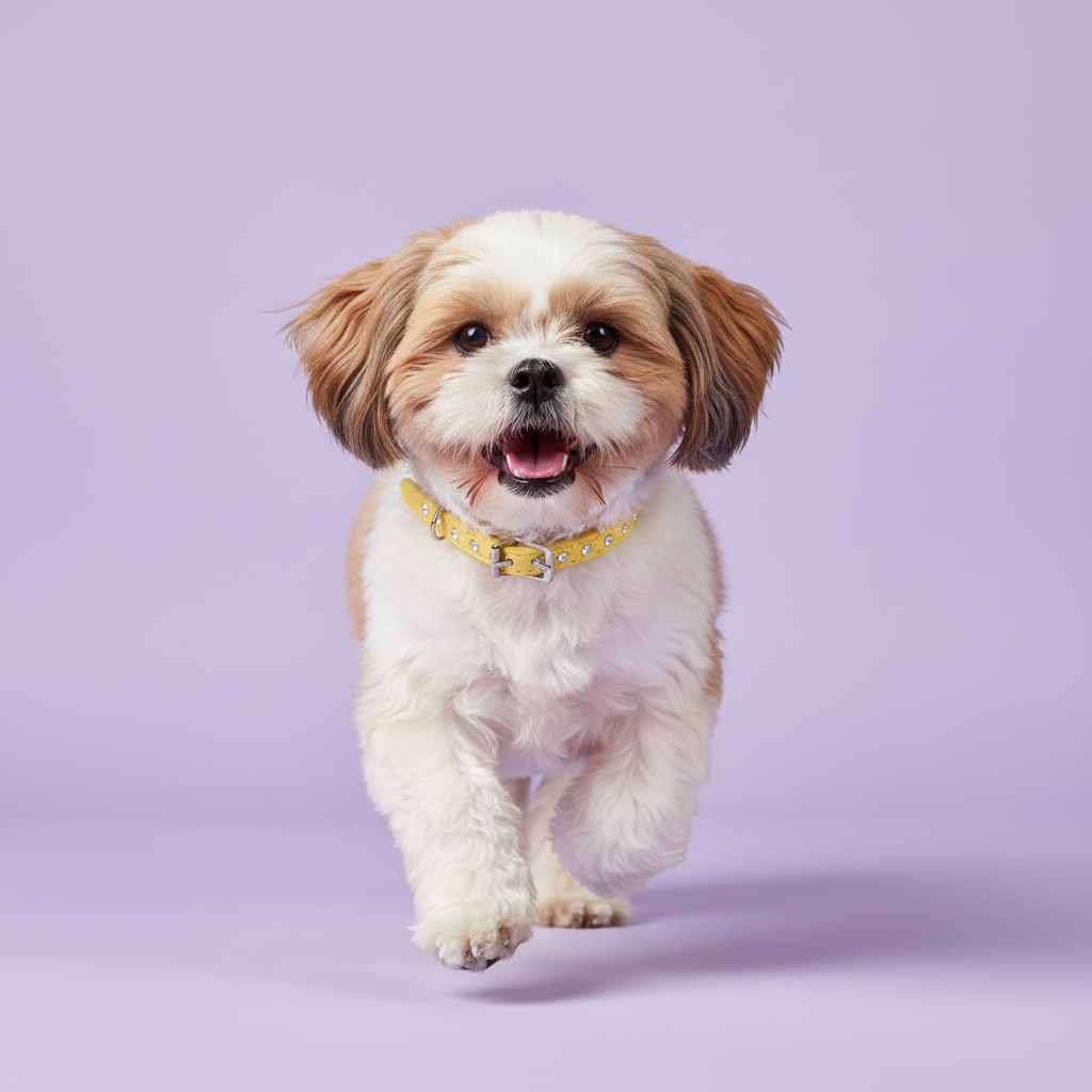 Shih Tzu puppy running and wearing a yellow rhinestone crystal leather dog collar, full body studio portrait on lavender background