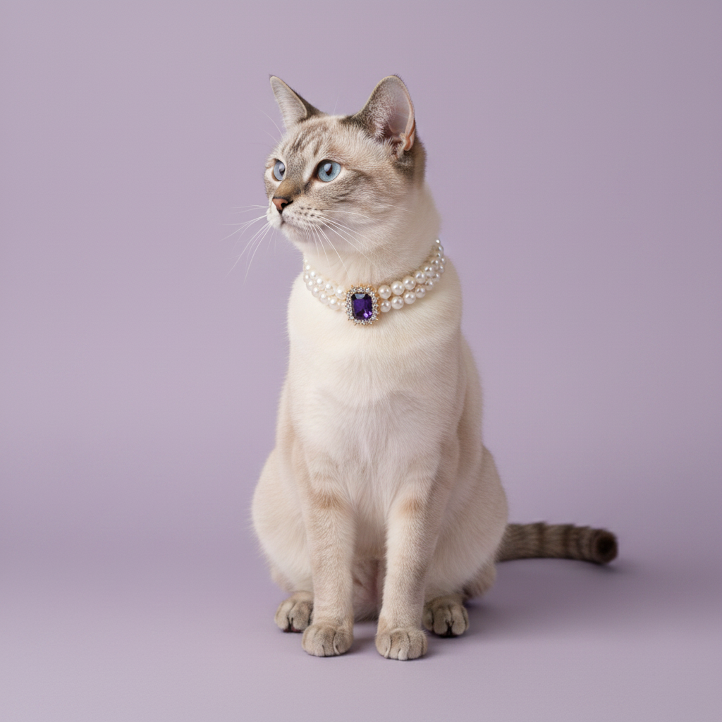 Siamese cat sitting and looking to the side while wearing a double pearl collar with an amethyst gemstone pendant against a lavender background