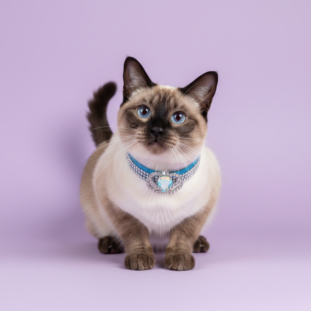 Blue-eyed seal point Siamese cat sitting tall and facing camera wearing a light blue rhinestone collar with a silver crown centerpiece featuring an iridescent AB heart crystal, luxury crown heart crystal breakaway cat collar on solid lavender background