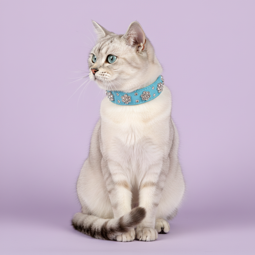 Siamese cat wearing a blue rhinestone collar against a soft lavender studio background.