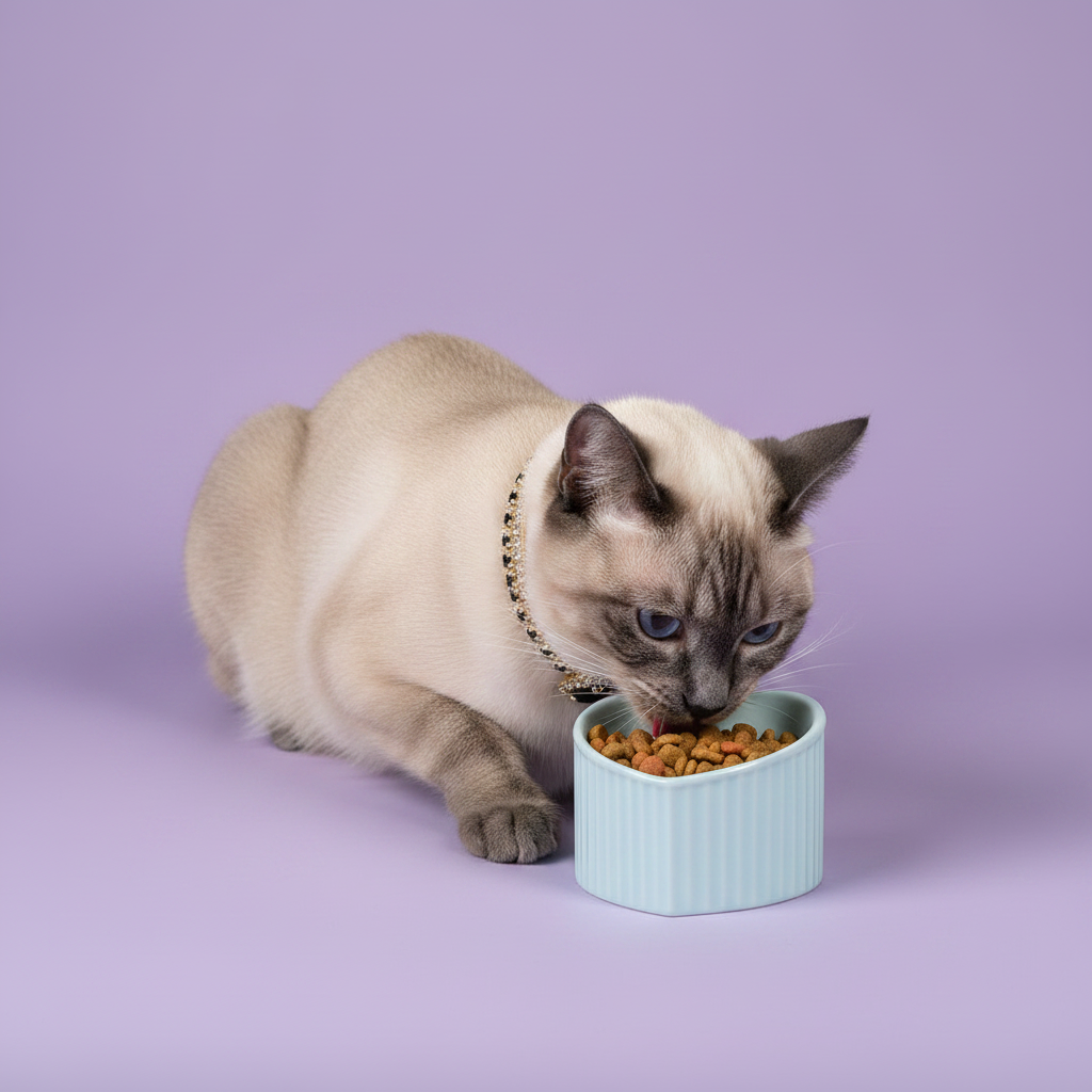 Siamese cat wearing a gold rhinestone collar eating dry kibble from a light blue ceramic heart-shaped pet bowl with ribbed exterior, lavender background
