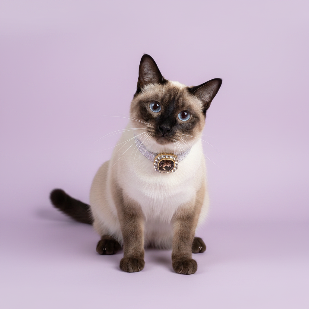 Blue-eyed seal point Siamese cat sitting upright and facing forward wearing a white glitter rhinestone cat collar with smoky topaz cushion-cut gem and gold rhinestone halo centerpiece on lavender background
