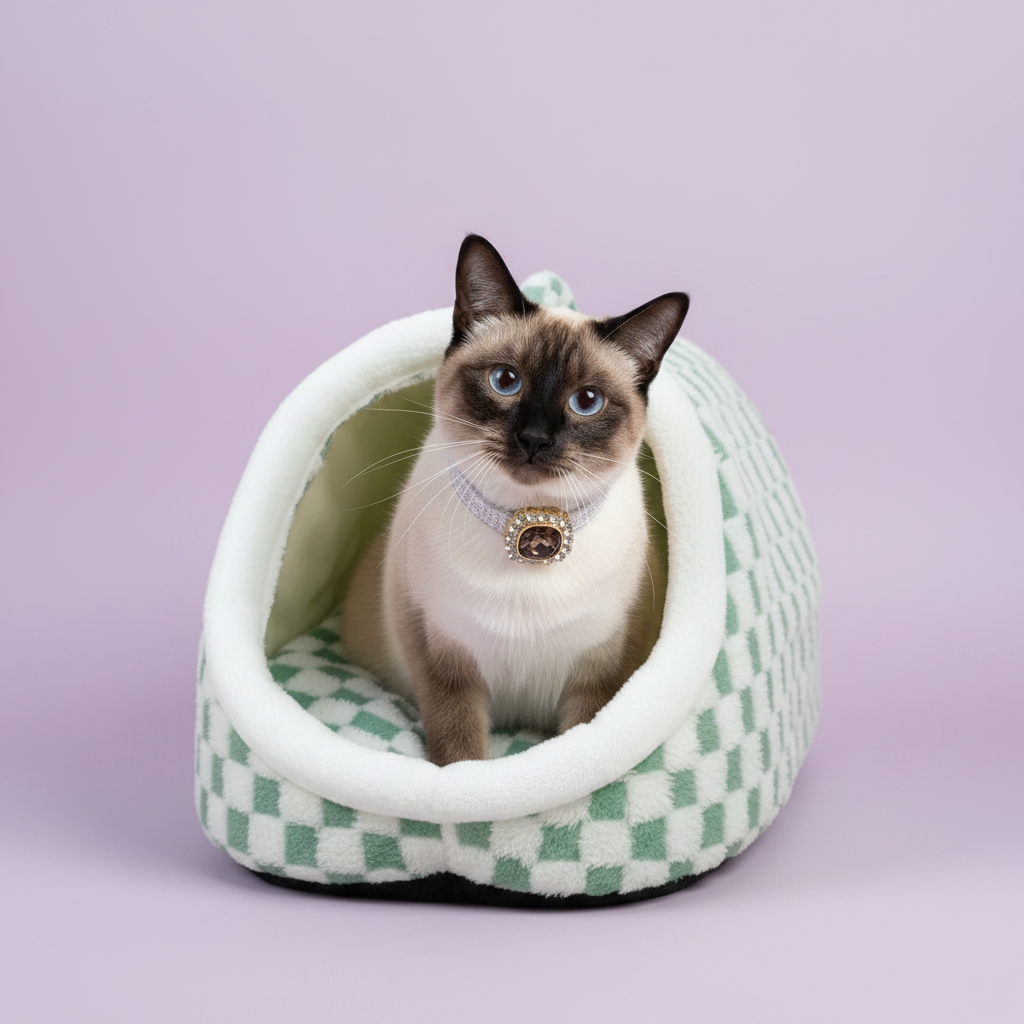 Blue-eyed Siamese cat sitting upright inside a sage green and white checkerboard plush pet igloo cave bed with cream padded entrance, wearing a rhinestone cameo collar on a soft lavender background
