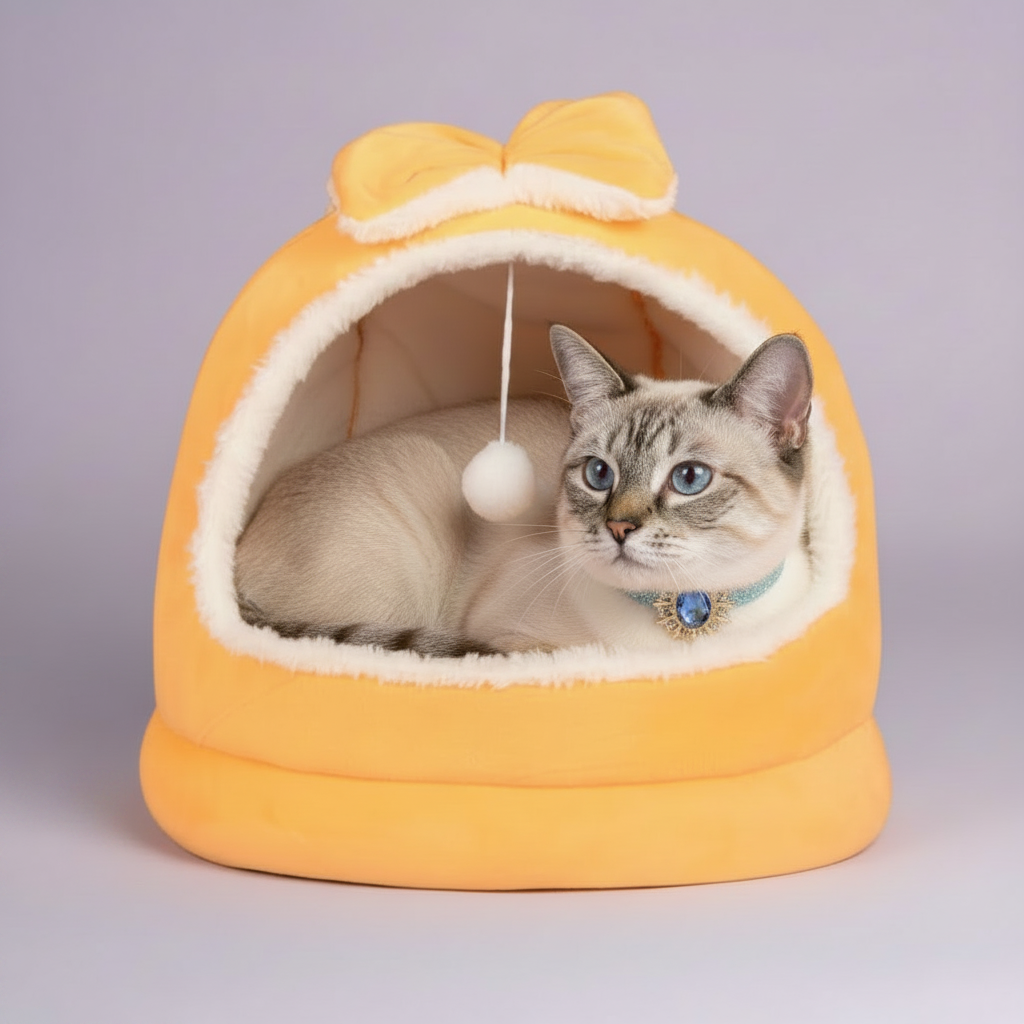 Siamese-mix cat with blue eyes and tabby markings wearing a blue gemstone collar resting inside an orange plush dome cat bed with bow on top and hanging white pom pom ball, soft lavender studio backdrop