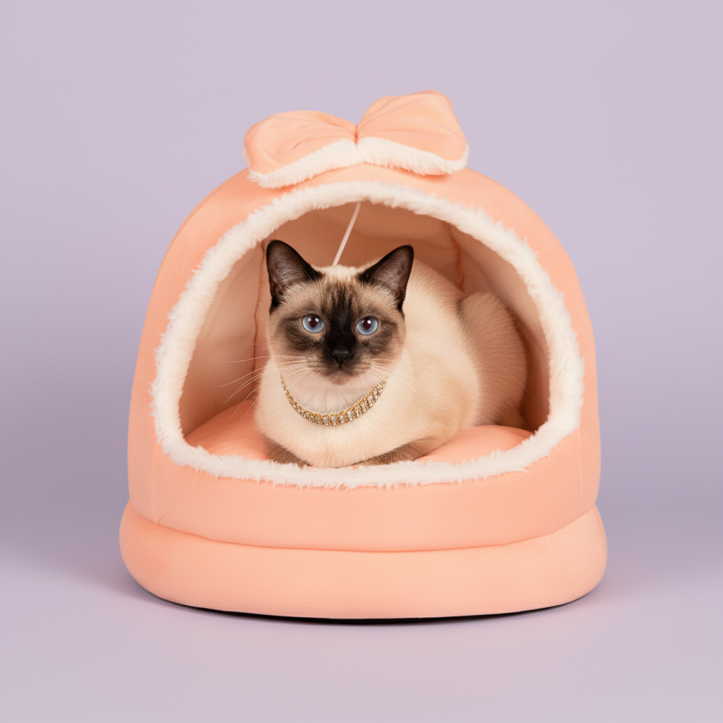 Siamese cat with blue eyes and dark brown points wearing a gold rhinestone collar, sitting inside a peach blush plush dome cat bed with bow on top, soft lavender studio backdrop, luxury editorial lifestyle pet photography