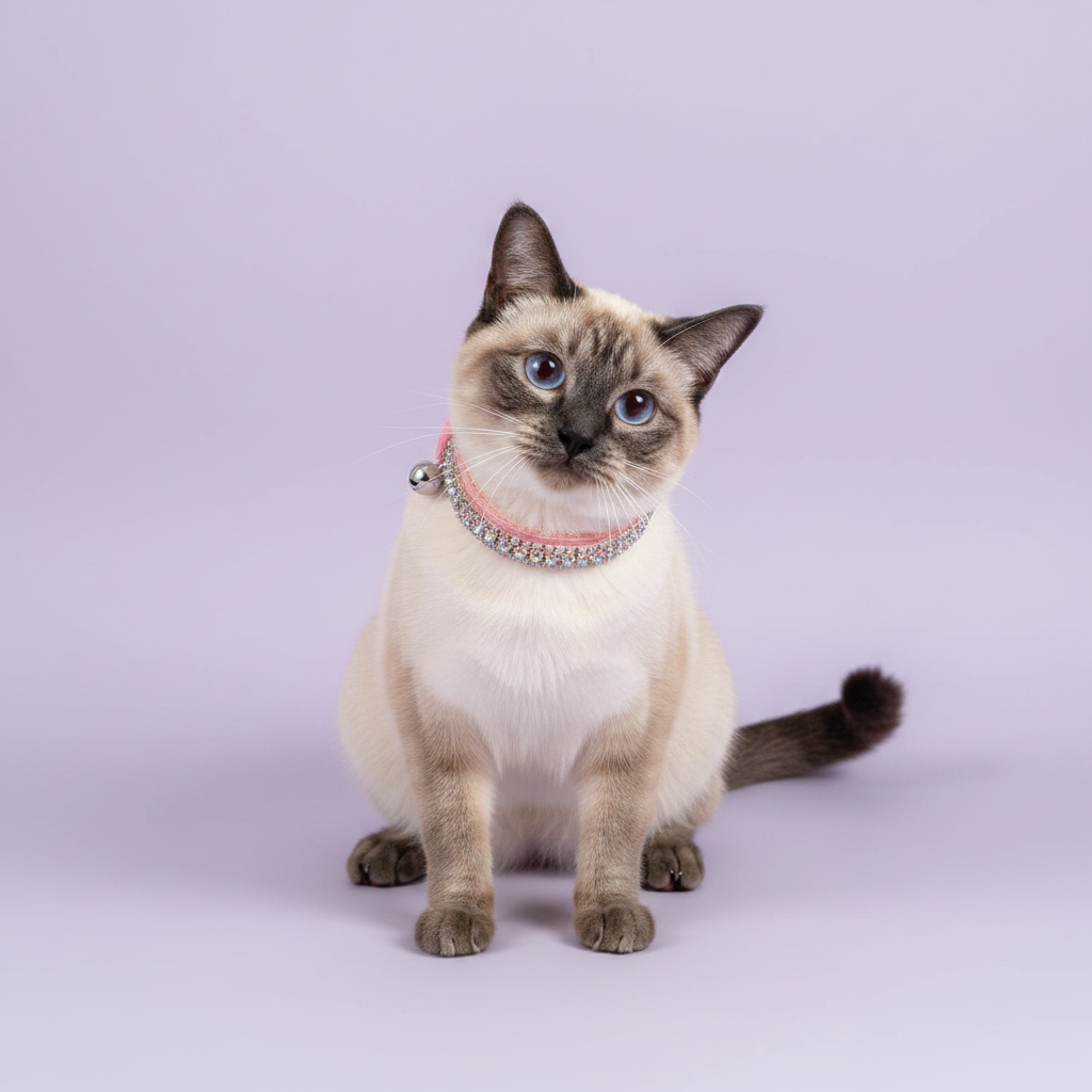 Blue-eyed Siamese cat sitting regally wearing a pink double-row crystal rhinestone collar with silver bell, luxury rhinestone cat collar on lavender background