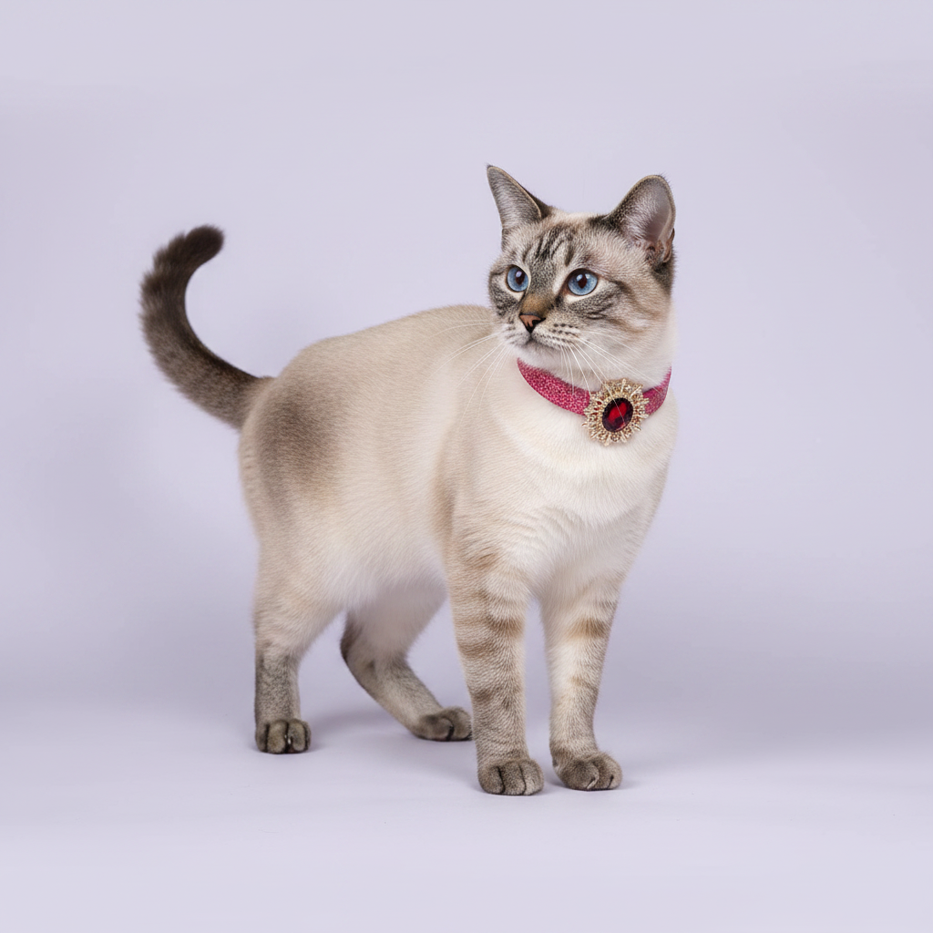 Blue point Siamese cat standing in a three-quarter pose wearing a hot pink glitter breakaway cat collar with ruby red oval crystal sunburst pendant