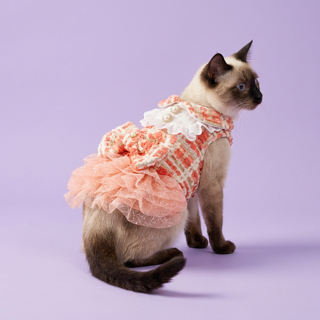 Siamese cat in the coral tweed dress