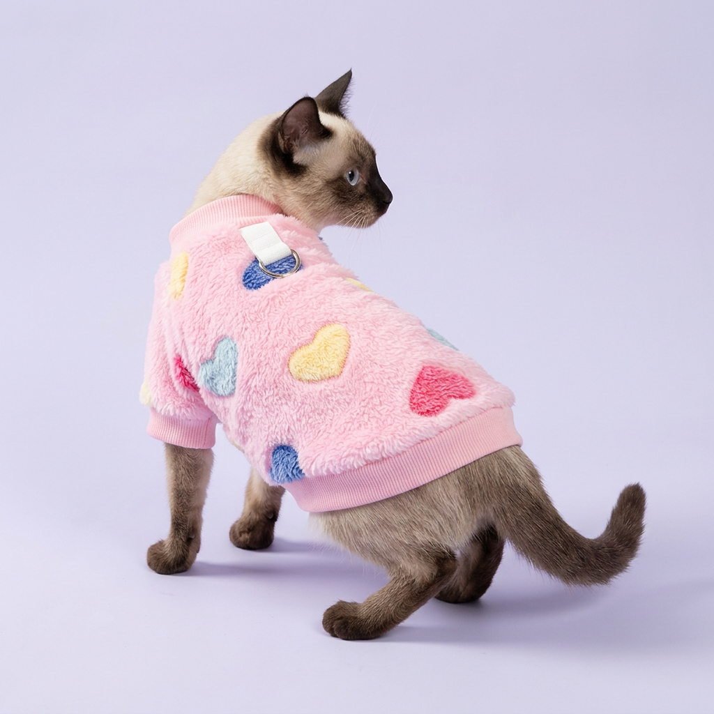 Siamese cat in the fluffy pink heart sweater