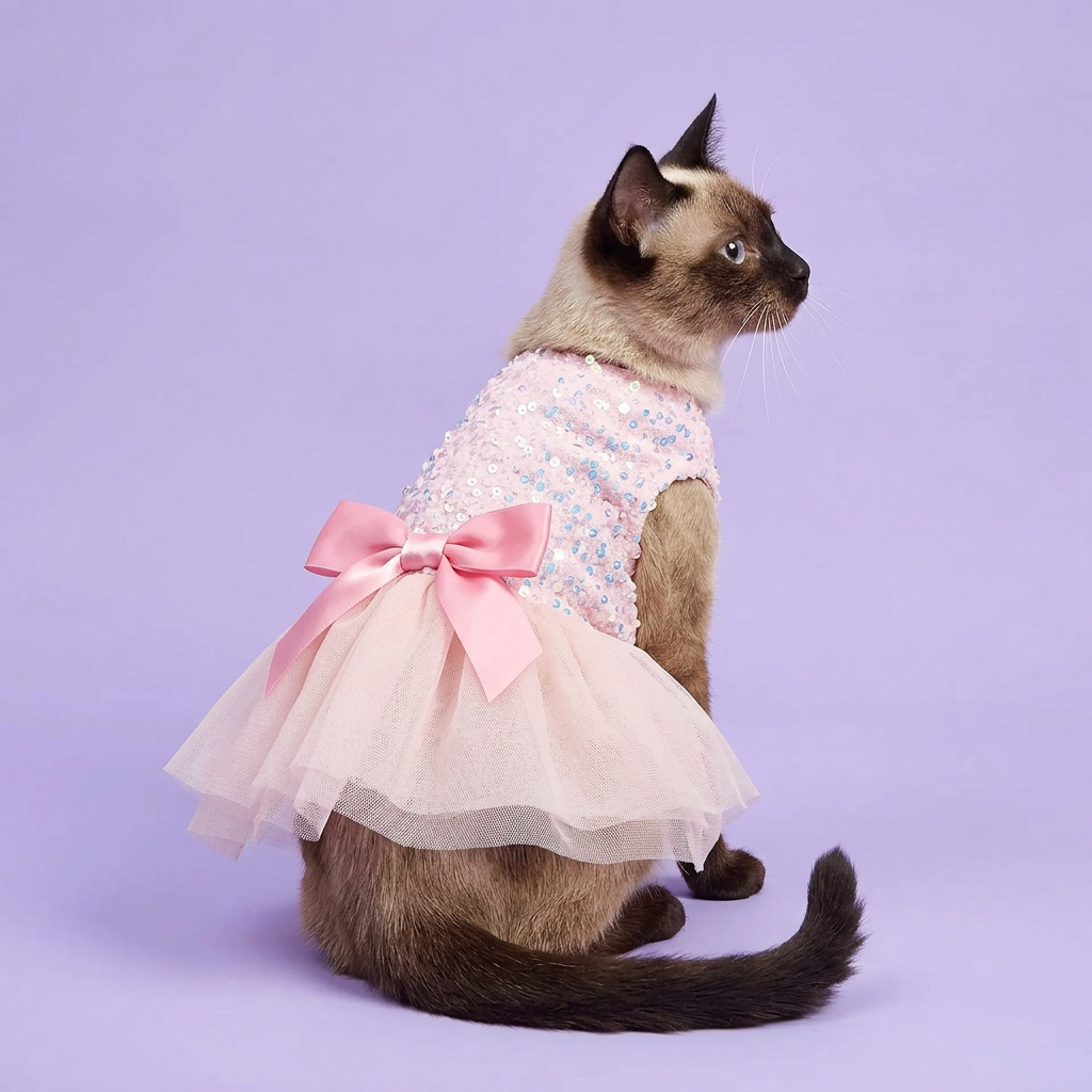 Siamese cat in the pale blush skirt dress