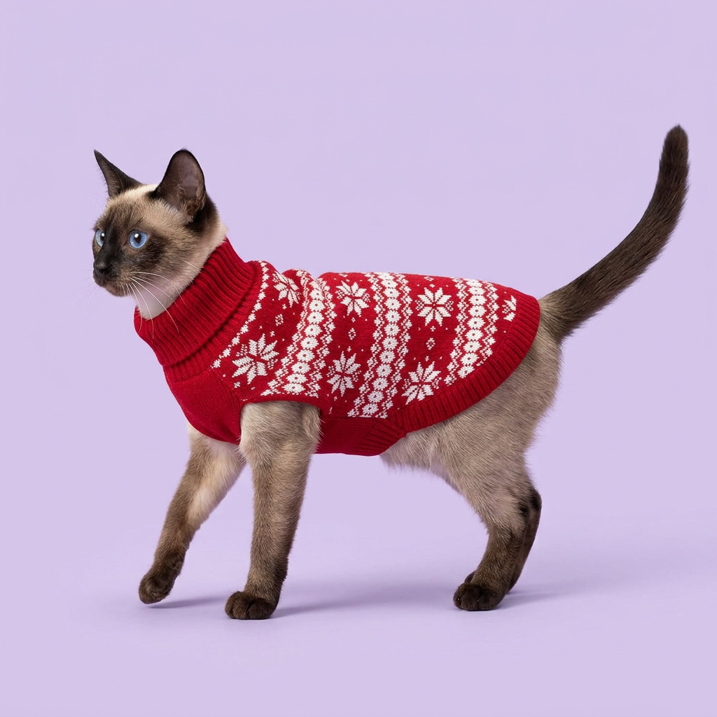 Siamese cat in the red snowflake sweater