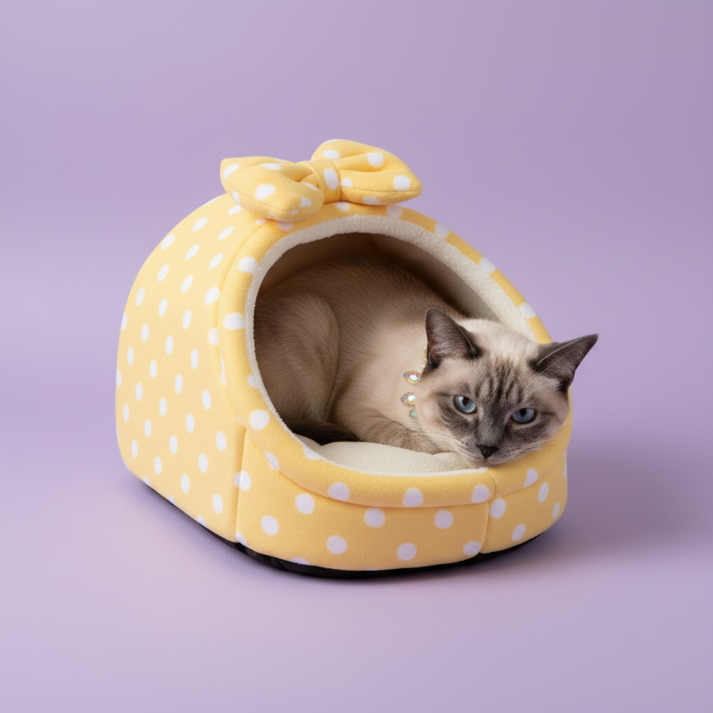 Siamese cat with blue eyes and pearl collar resting inside a pale yellow white polka dot plush igloo cat cave bed with matching bow detail and cream fleece interior, lavender background