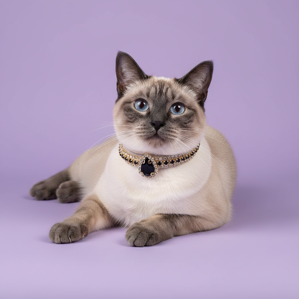 Blue-eyed seal point Siamese cat lying down with front paws extended and facing camera wearing a gold rhinestone collar with teardrop black onyx crystal centerpiece pendant, luxury dark gemstone cat collar on solid lavender background