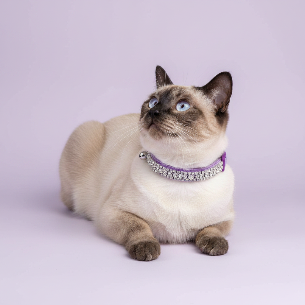 Blue-eyed seal point Siamese cat lying down with head raised and gazing upward wearing a lavender velvet double-row clear crystal rhinestone collar with silver bell, luxury rhinestone cat collar on lavender background