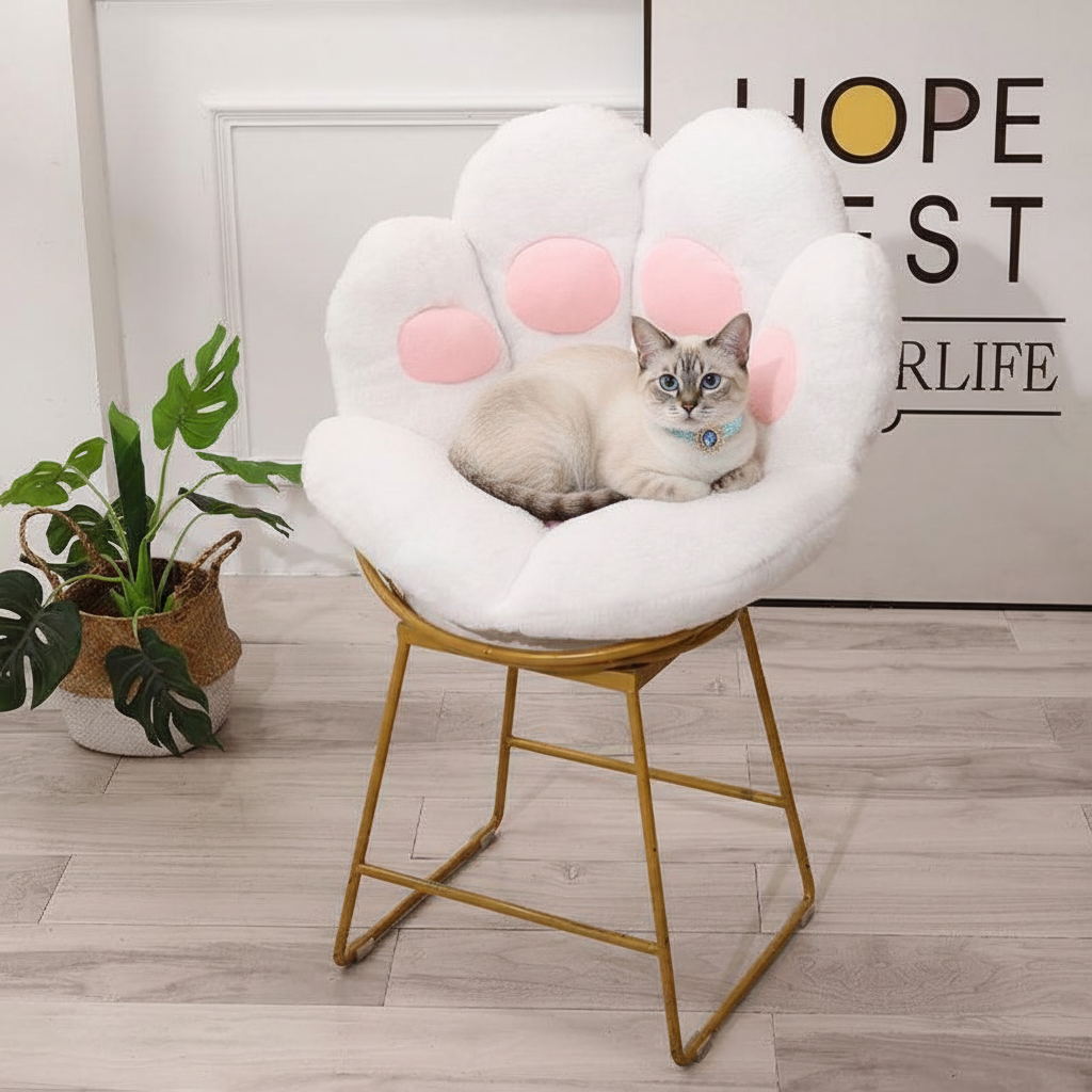 Siamese-mix cat with blue eyes wearing a light blue collar sitting inside a white and pink plush paw-shaped pet bed cushion placed on a gold wire accent chair, with a large monstera plant in a wicker basket and a white wall with black typographic text in the background, on light oak hardwood floors