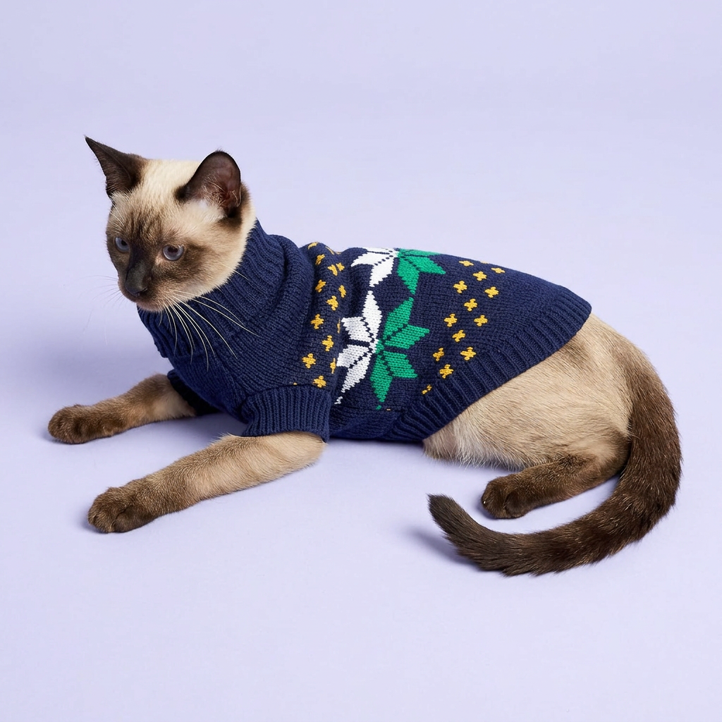 Siamese cat reclining in the navy sweater