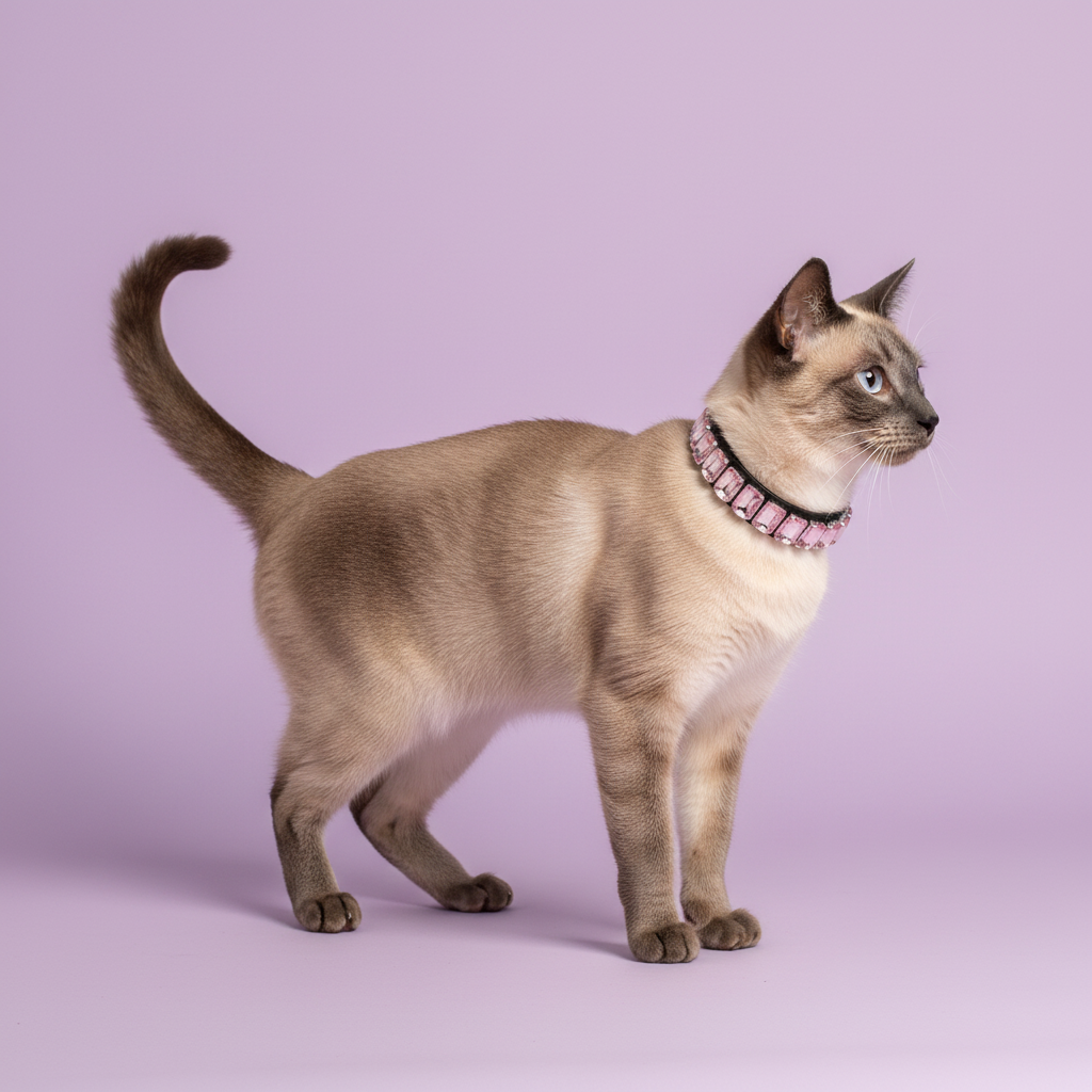 Siamese cat standing in profile and wearing a pink crystal rhinestone collar against a soft lavender studio background.