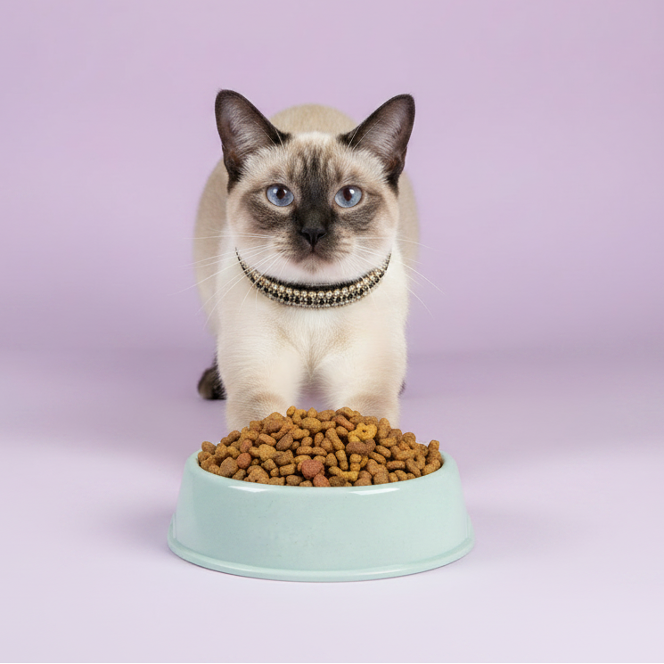 Siamese cat sitting behind mint blue pet bowl wearing silver rhinestone chain collar — luxury cat bowl and collar