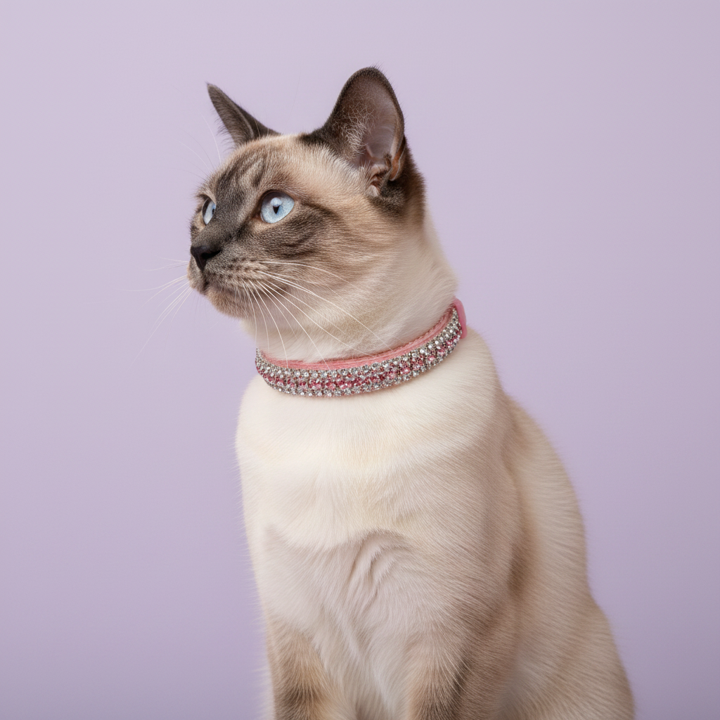 Blue-eyed Siamese cat sitting tall and gazing to the side wearing a pink triple-row crystal rhinestone collar, luxury rhinestone cat collar on lavender background