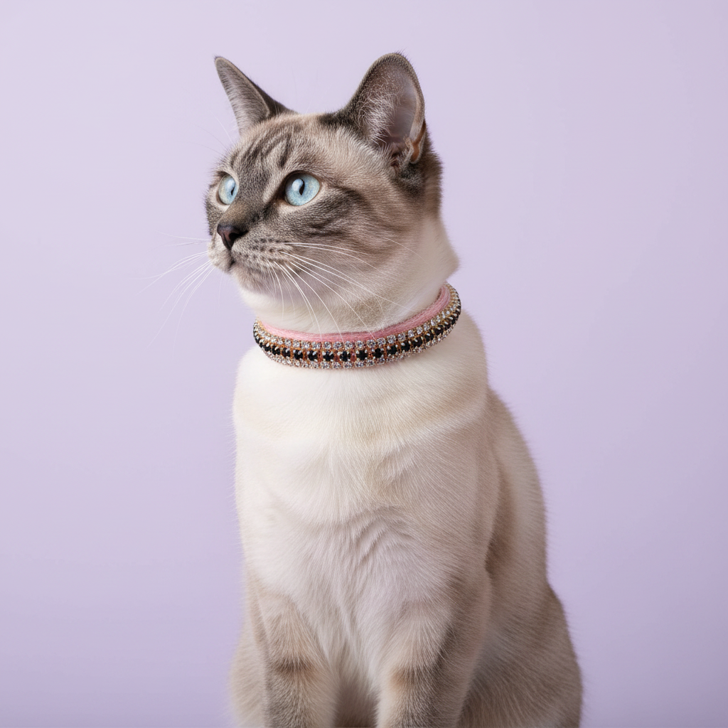 Blue-eyed Siamese cat sitting tall and gazing upward wearing a pink velvet double-row black and clear crystal rhinestone collar, luxury rhinestone cat collar on lavender background