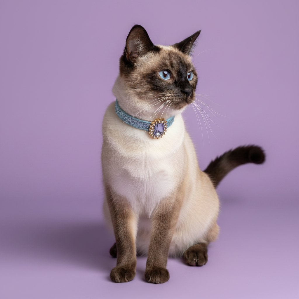 Siamese cat sitting tall and gazing upward wearing a blue sapphire crystal rhinestone breakaway cat collar