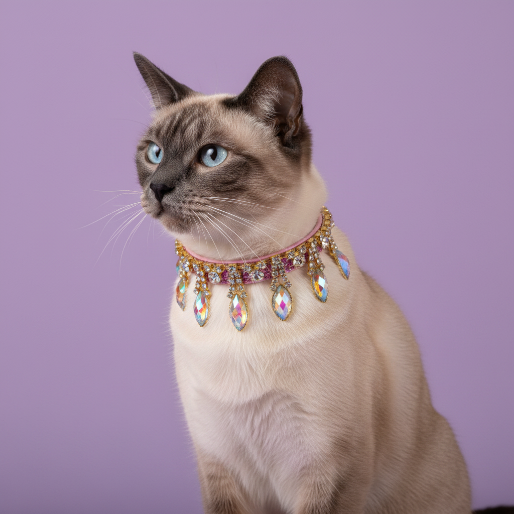 Siamese cat sitting tall and gazing to the side wearing an iridescent crystal fringe rhinestone breakaway cat collar