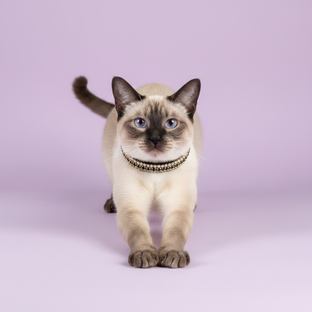 Blue-eyed seal point Siamese cat stretching forward and facing camera wearing a black velvet triple-row champagne gold crystal rhinestone collar, luxury rhinestone cat collar on lavender background