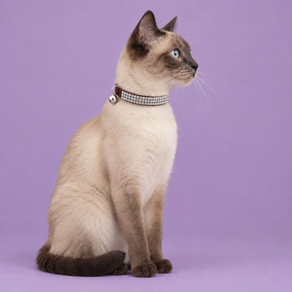 Siamese cat wearing the brown crystal collar