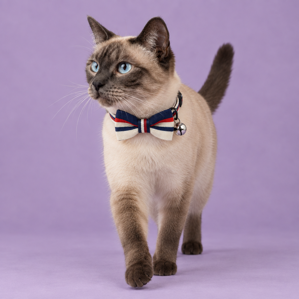 Siamese cat wearing the striped bow-tie collar