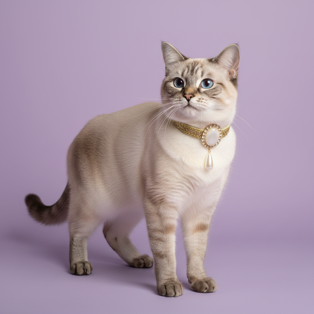Lynx point Siamese cat with blue eyes standing in three-quarter view wearing a gold glitter breakaway cat collar with a large oval pearl centerpiece, rhinestone surround, and pearl teardrop pendant