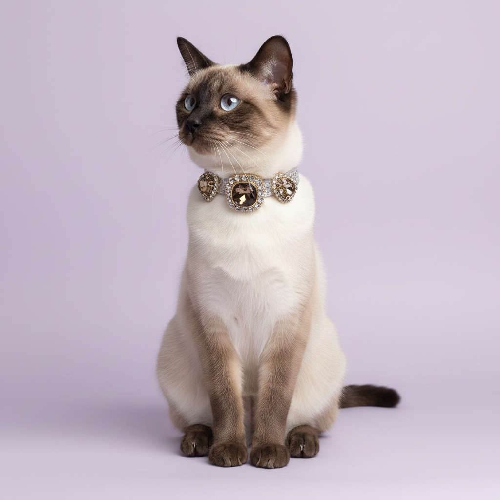 Blue-eyed Siamese cat sitting upright and gazing to the side wearing a silver rhinestone cat collar with triple smoky topaz cushion-cut gems and rhinestone halo accents on lavender background