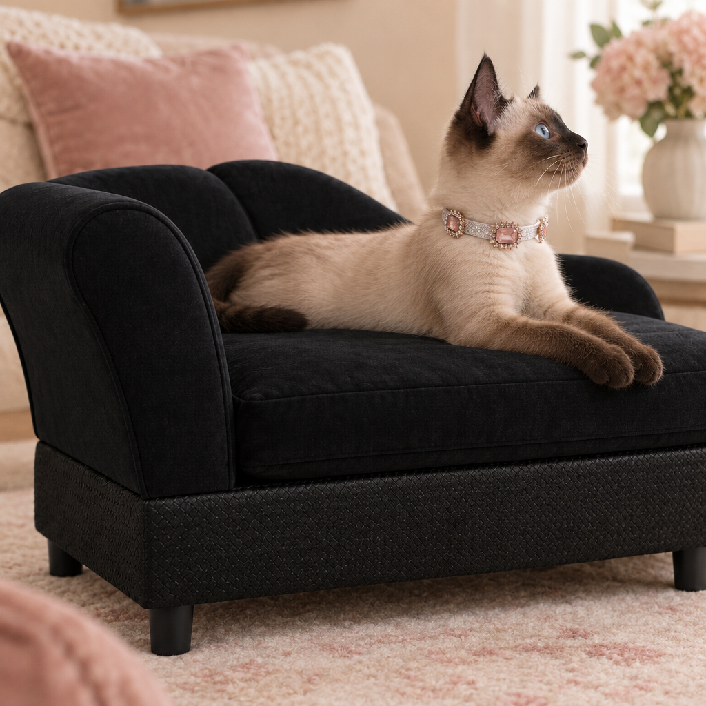 Siamese kitten on the black pet couch wearing the blush gemstone collar