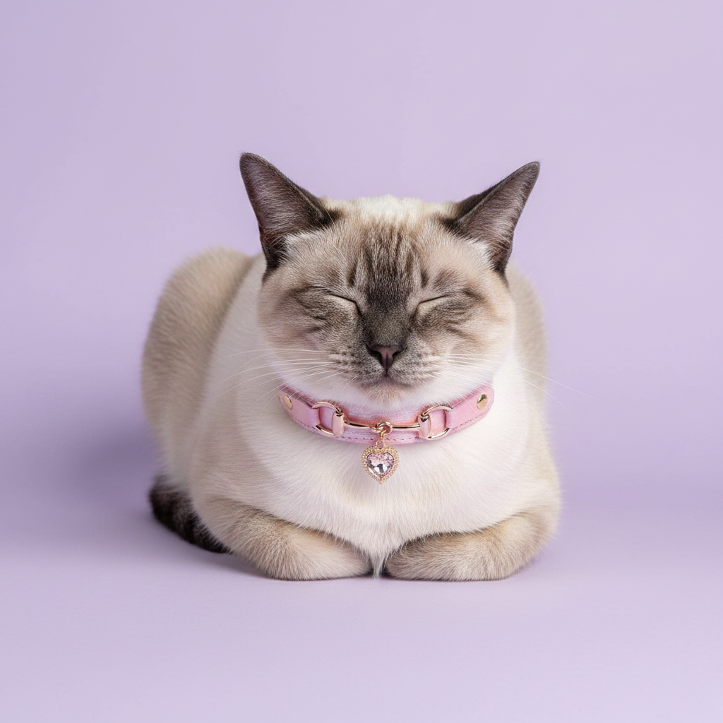 Cream Siamese cat with dark point markings in a loaf position with eyes closed, wearing a pink leather pet collar with rose gold snaffle-bit hardware and a clear crystal heart charm pendant, on a soft lavender background