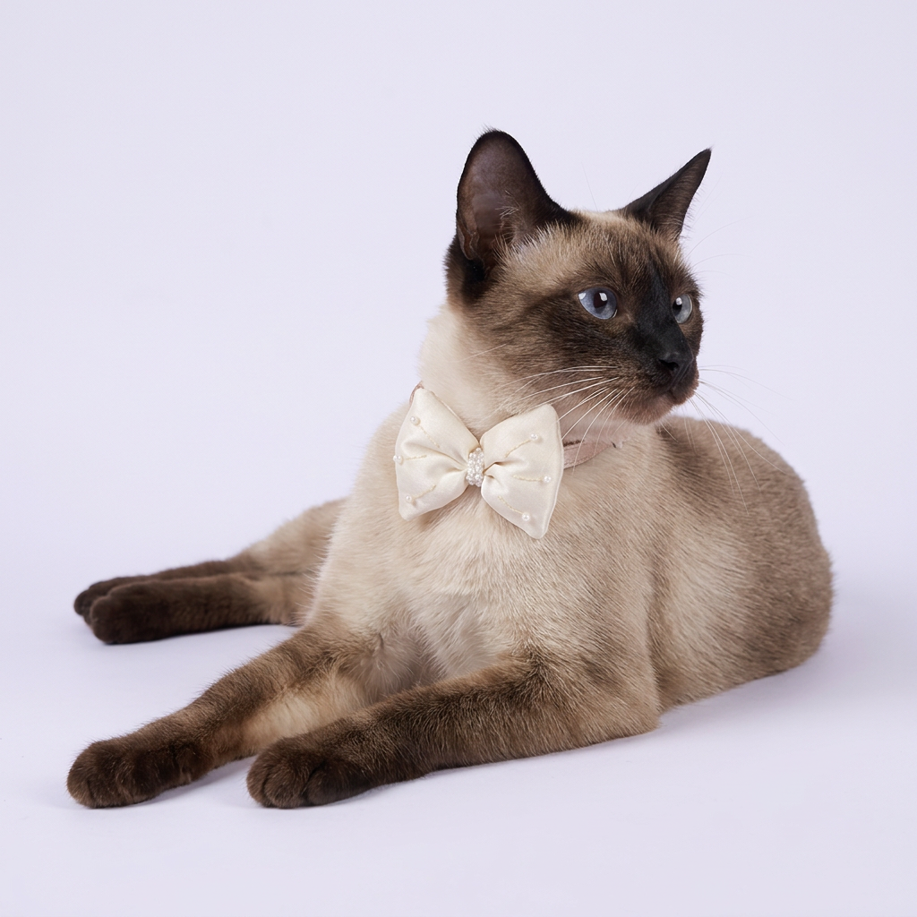 Siamese lounging in ivory bow collar
