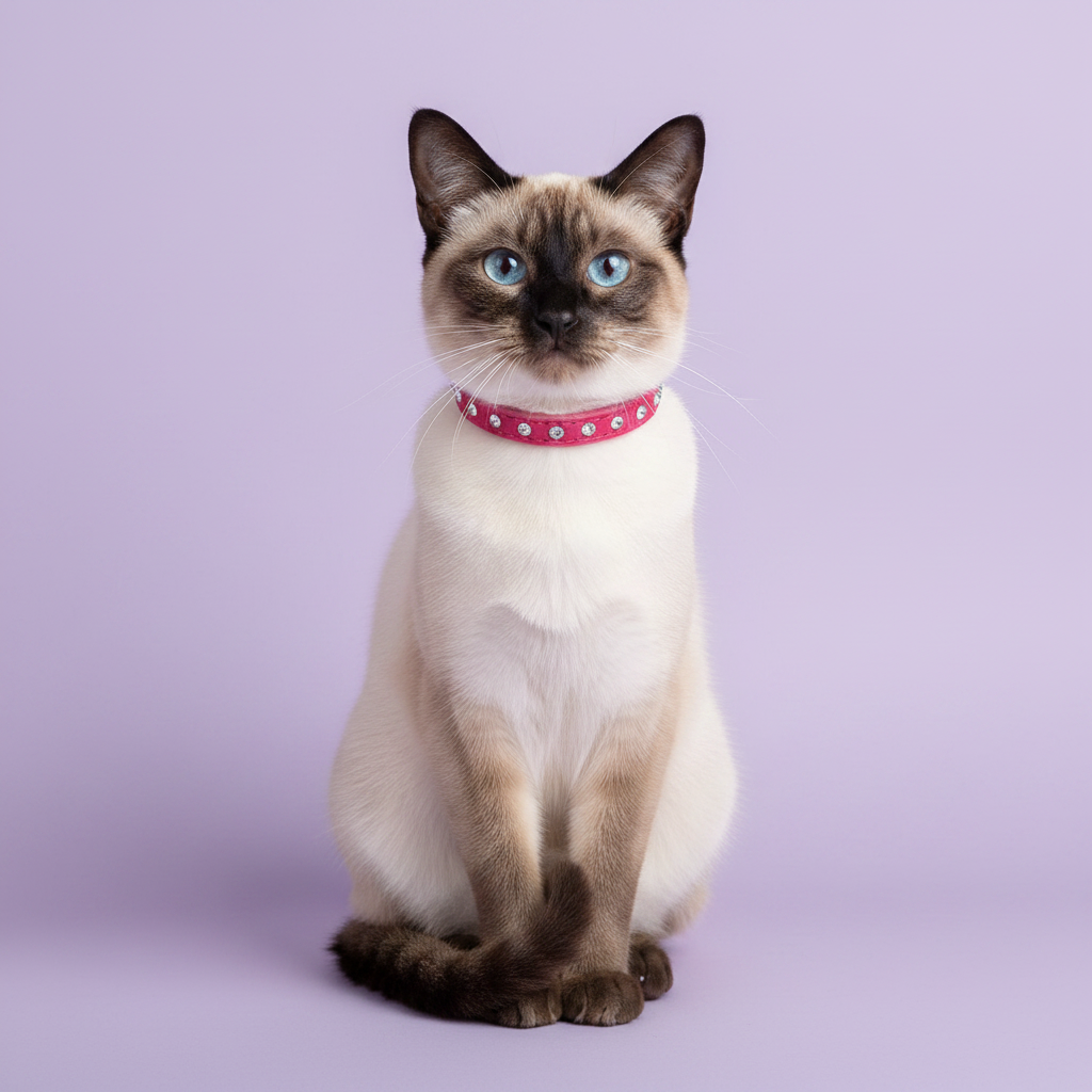 Blue-eyed Siamese cat wearing a hot pink rhinestone crystal leather cat collar, seated full body studio portrait on lavender background