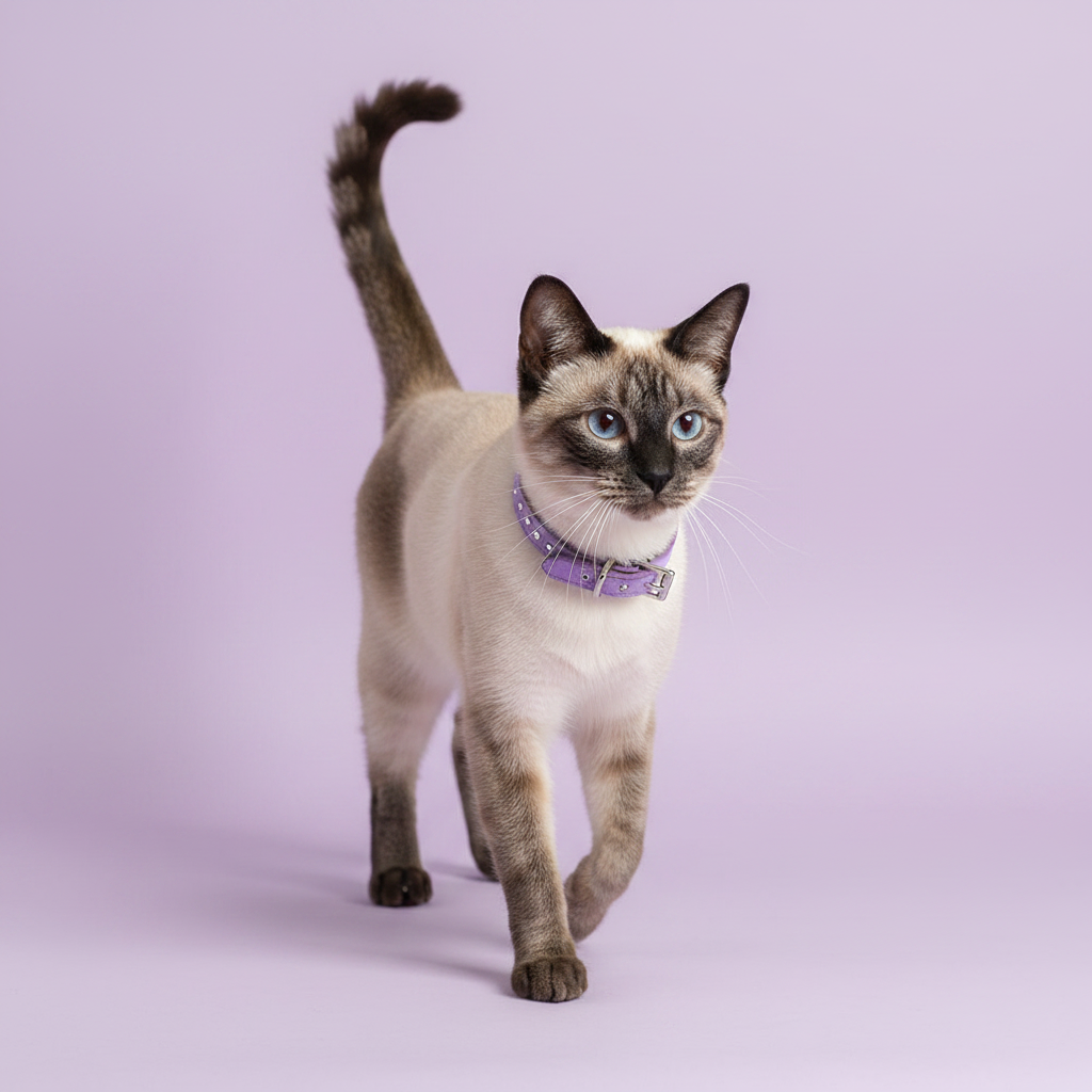 Blue-eyed Siamese cat walking and wearing a lavender purple rhinestone crystal leather cat collar with silver buckle, full body studio portrait on lavender background