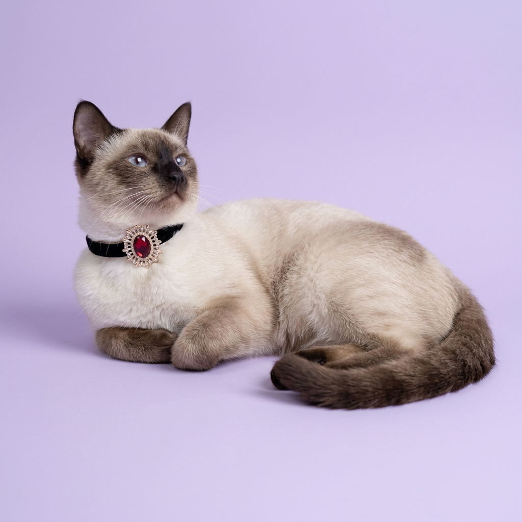 Siamese resting in a loose crescent with an upward gaze