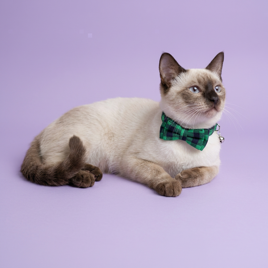 Siamese resting in a loose crescent with an upward gaze