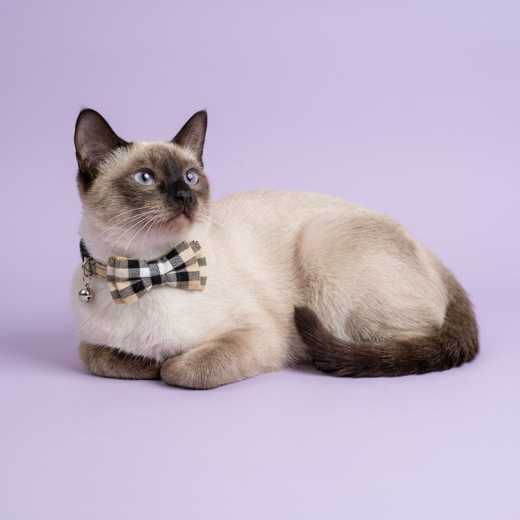 Siamese resting in a loose crescent with an upward gaze