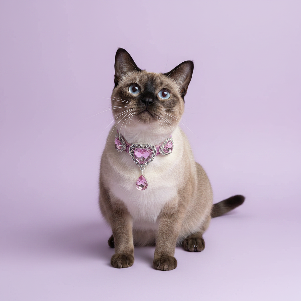 Blue-eyed seal point Siamese cat sitting tall and gazing upward wearing a soft pink rhinestone collar with three rhinestone-framed light pink heart crystals and a dangling teardrop pink crystal pendant, luxury heart gem cat collar on solid lavender background