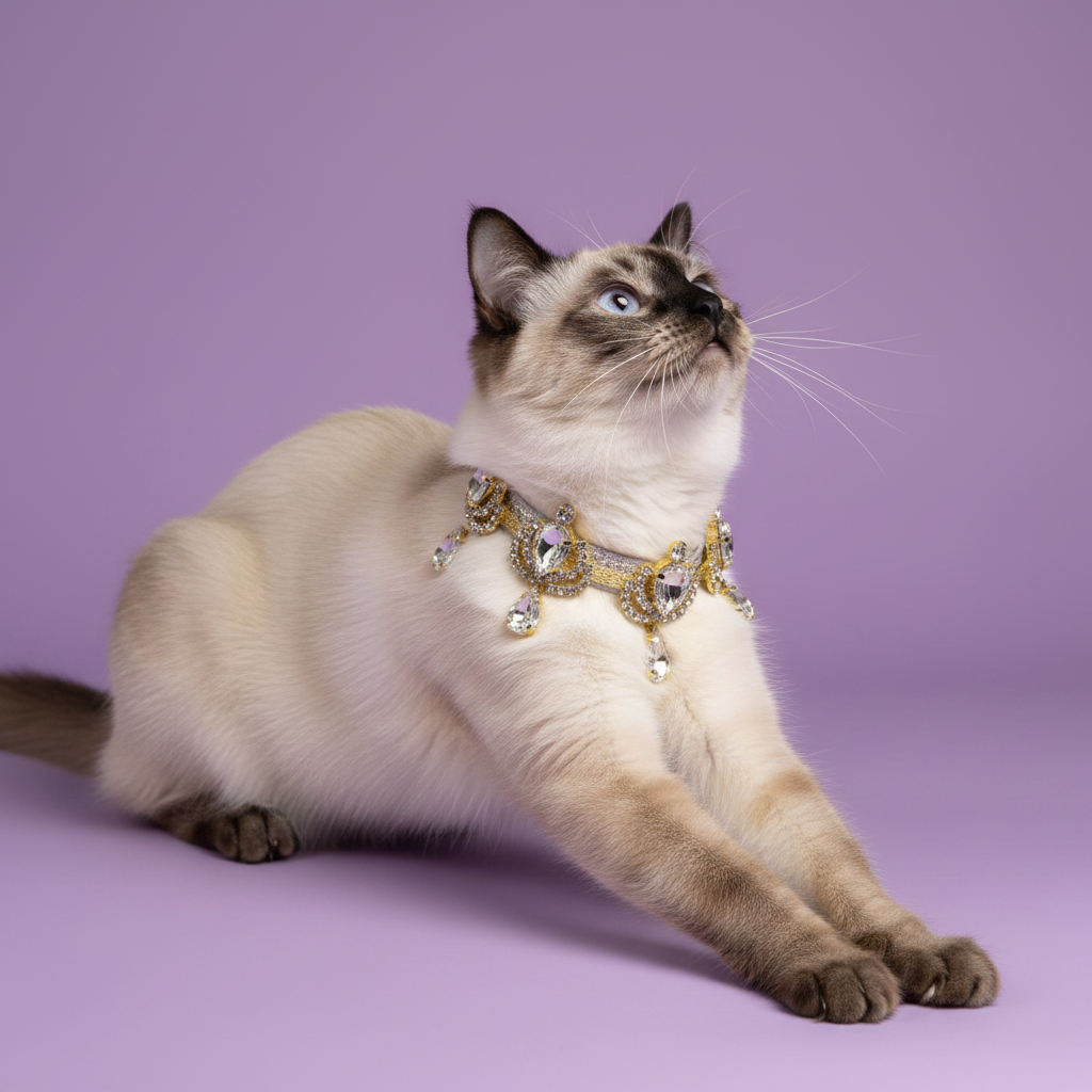 Siamese cat stretching forward with paws extended and gazing upward wearing a gold and clear crystal chandelier rhinestone cat collar with teardrop pendants