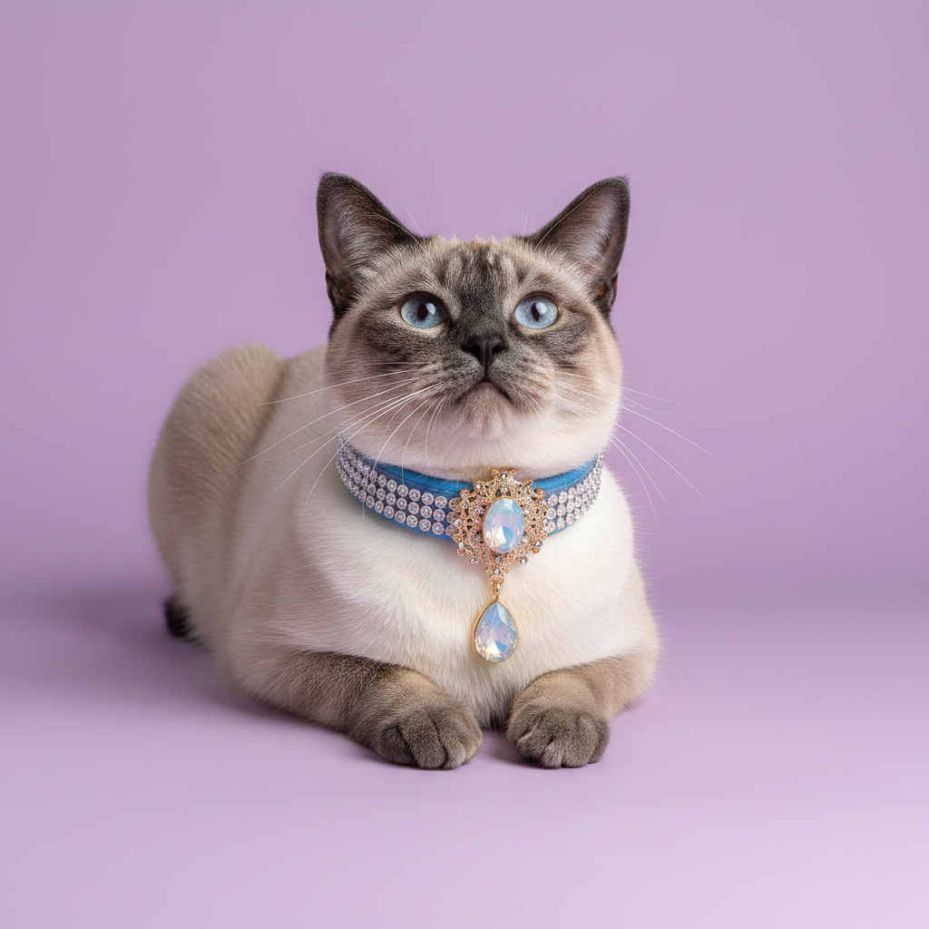 Blue-eyed seal point Siamese cat lying down with front paws extended and gazing upward wearing a light blue velvet rhinestone collar with an ornate gold Victorian centerpiece featuring an oval iridescent opal crystal and a dangling teardrop opal pendant, luxury Victorian opal crystal cat collar on solid lavender background