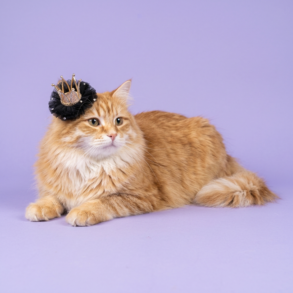 Siberian cat wearing the black crown clip